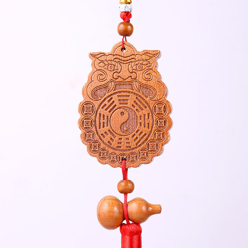 桃木獸頭八卦鏡 桃木獸頭八卦鏡銅錢款火焰款木雕掛件掛衛(wèi)生間廁 小號線雕雙面加葫蘆