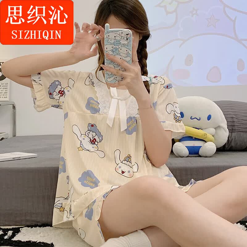 思织沁新款家居服两件套甜美可爱蕾丝边短袖短裤两件套宽松可外穿家居服 黄袖 XL(111-125斤)