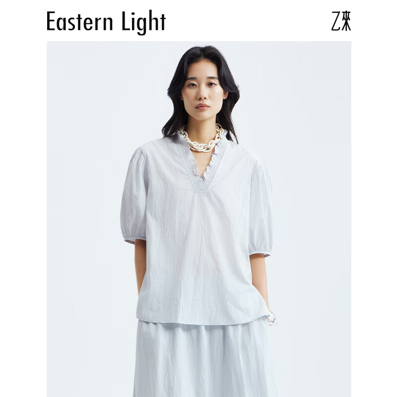 乙来(EASTERN LIGHT)2026夏季新款潮流南法拉夫领小衫衬衫连衣半身裙A字显瘦上衣气质 晨雾蓝-小衫 M