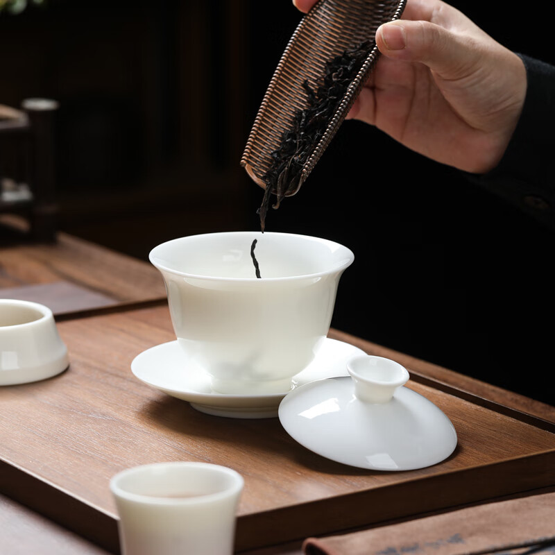 元青佳盛整套功夫茶具中国白羊脂玉瓷陶瓷茶具套装盖碗公杯茶漏三件套
