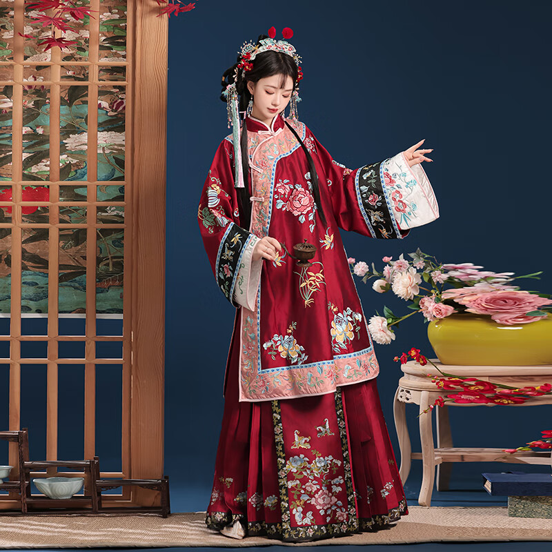 汉虞葵【繁花】原创清汉女服改良清代古装清朝宫廷格格重工刺绣装 繁花红色两件套 M