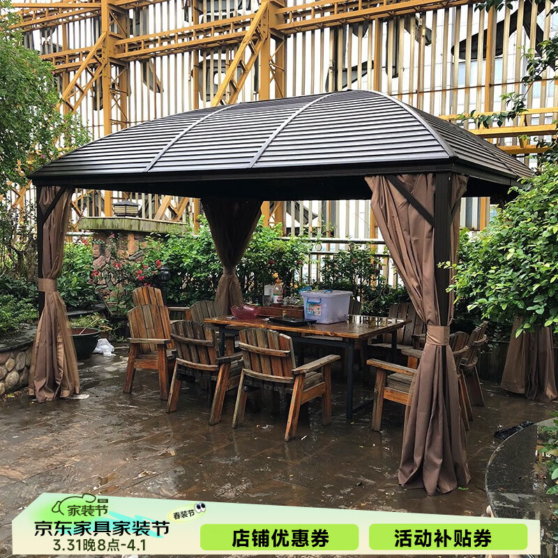 莫 家戶外遮陽棚庭院硬頂帳篷陽光棚花園歐式涼亭休閑棚廣告篷雨棚 涼亭+紗簾圍布