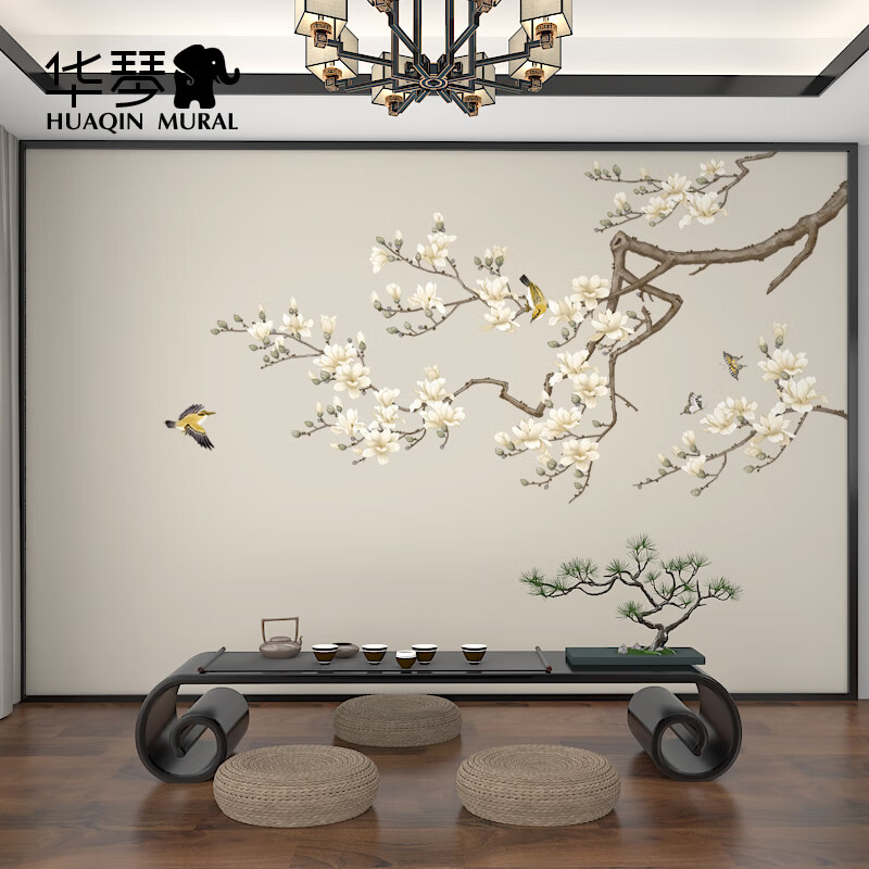 楓琴新中式一枝獨秀玉蘭花鳥仿刺繡客廳電視背景墻壁紙臥室墻紙墻布 整幅壁畫專用布/