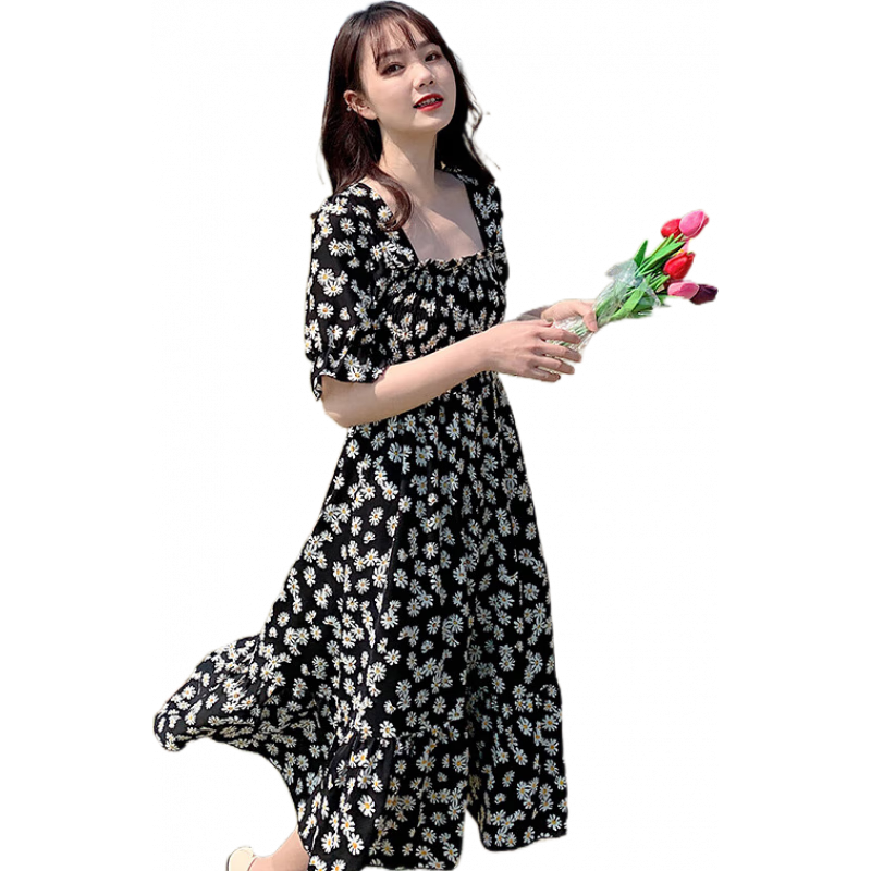 皮爾卡丹（pierre cardin）仙女超仙露背雪紡碎花連衣裙女夏2025新款茶歇法式海邊度假沙灘裙 黑色 碎花 XS