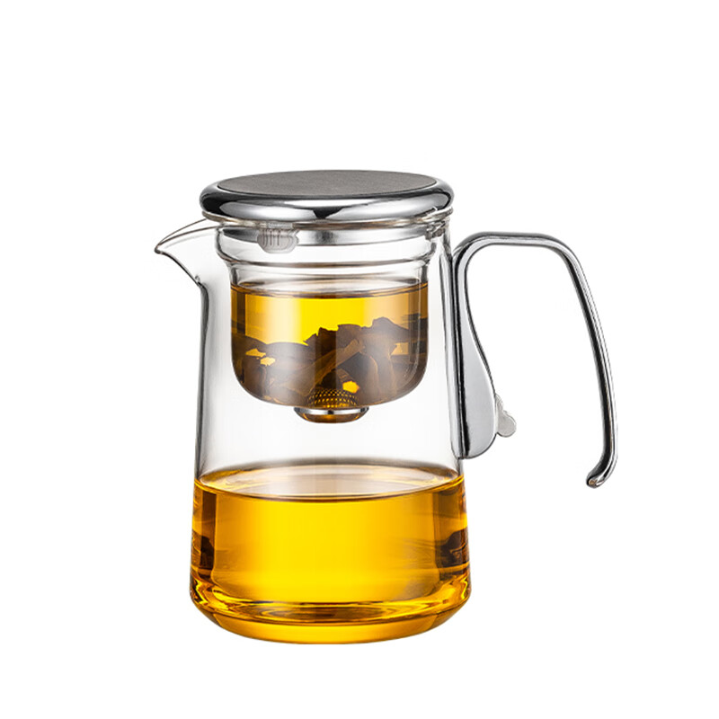 自像堂合金把飘逸杯泡茶壶一键过滤高档全玻璃内胆茶水分离杯内胆配件 鼓形合金飘逸杯【灰色550ml】