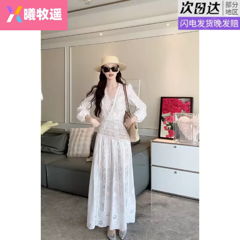 曦牧遥KUN花间月法式复古蕾丝连衣裙女2025新款气质收腰显瘦长裙子 白色裙子原版质量 M 100到110斤左右