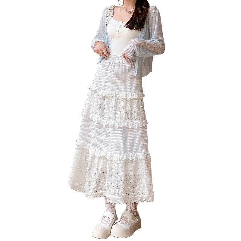 翊尚美白色半身裙女夏季新款蛋糕裙高腰a字芭蕾风气质蓬蓬长裙 白色【双层防走光常规款】 L 【适合111-125斤】