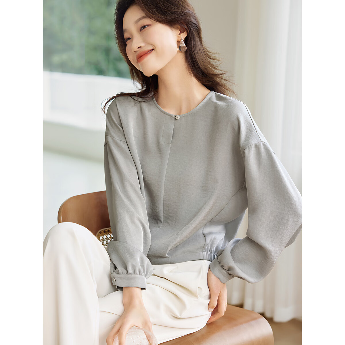 沫晗依美【轻熟风OL女衬衫】2025春季新款气质通勤百搭九分袖女休闲衬衫女 浅灰蓝 L