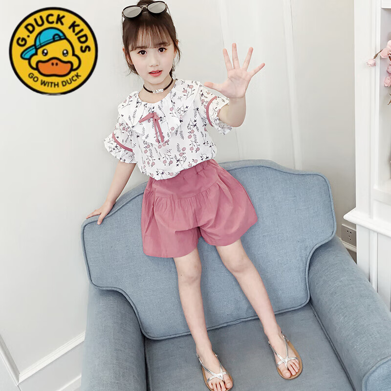 G.DUCKKIDS女童t恤短袖套裝雪紡衫夏裝2025新款夏季中大童兒童衣服寬松女孩 粉紅色 110 cm