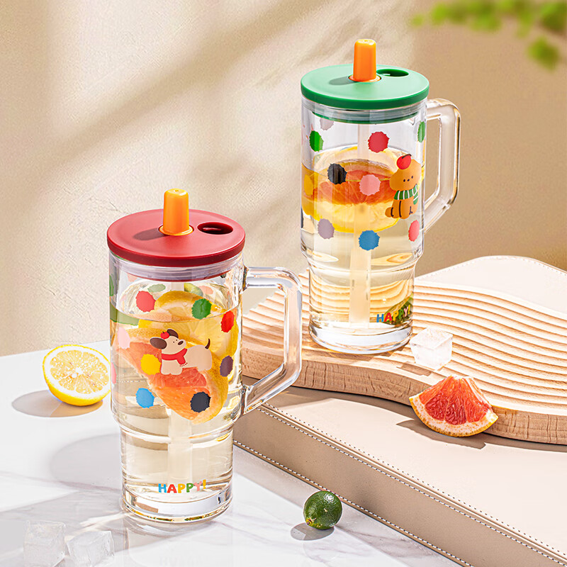 乐唯诗高颜值冰霸玻璃杯喝水杯子男女生超大容量冰美式咖啡杯家用奶茶杯 冰霸吸管杯【泰迪绿】620ml1只