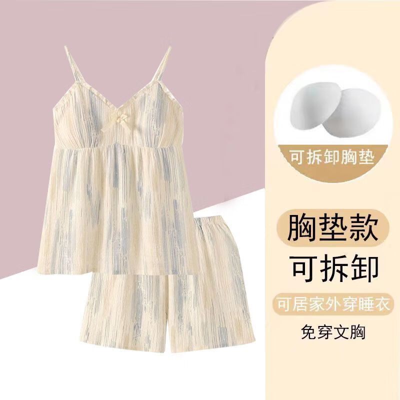 CLOLV KISS情侣睡衣夏2025新款女士吊带蕾丝睡裙薄款男士大码家居服短袖套装 吊带短裤#彩色油画[带胸垫] M (80-100)
