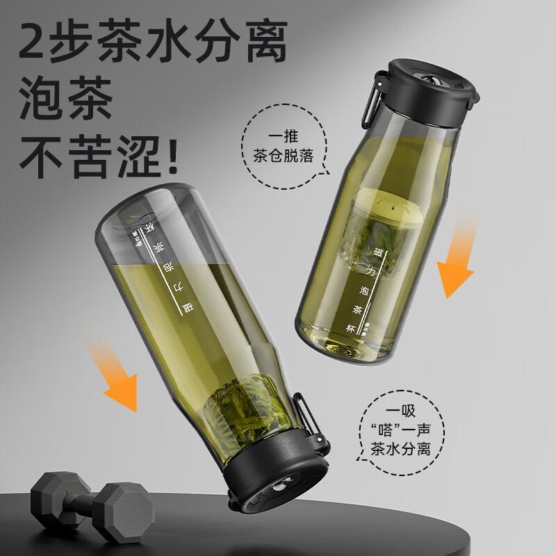 恩尔美(nRMEi)磁弹泡茶杯大容量茶水分离杯男士便携防摔运动水杯磁吸泡茶杯子 【进口TRITAN+杯刷】黑色800ml