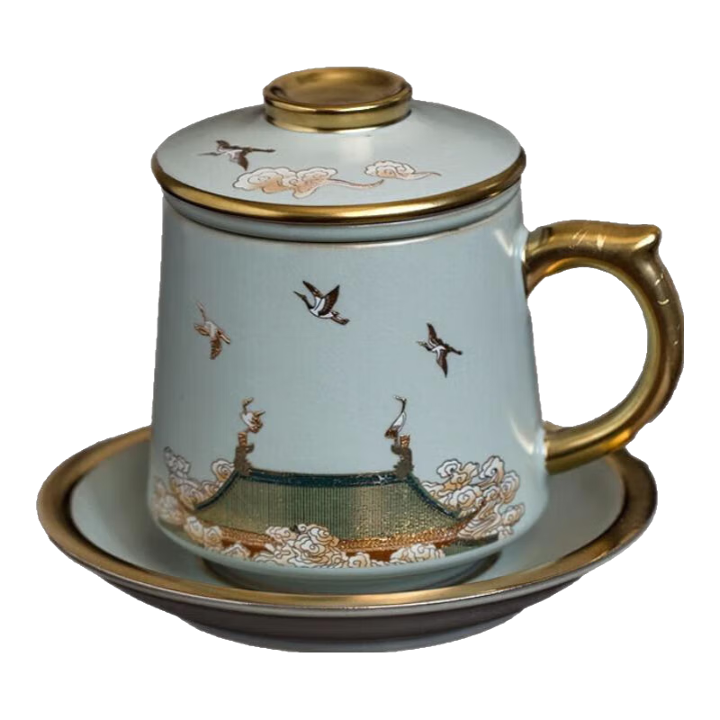 京峰閣 茶具茶杯 汝窯描金龍雀杯辦公杯茶水分離水杯 家用辦公商務(wù)送禮 瑞鶴圖龍雀杯450ml1只