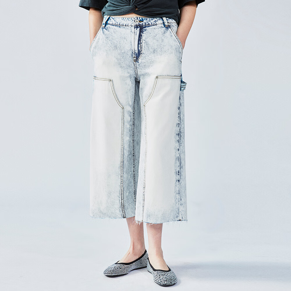 UOOYAA/乌丫2025夏季新款晕染水洗直筒七分工装裤 牛仔蓝 M