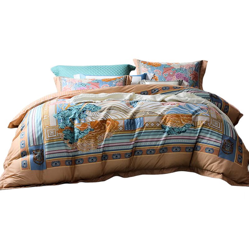 富安娜床上四件套纯棉磨毛 100支长绒棉高支贡缎被套双人加大230*229cm