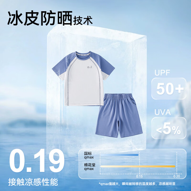 棉花堂（cottontown）【凉感+防晒】棉花堂儿童短袖套装夏季宝宝夏装男童女童防晒套装 蓝色 90