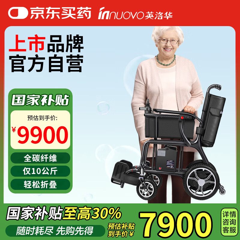 英洛华（innuovo）全碳纤维电动轮椅轻便折叠老人智能代步手推车可上飞机N5909-12A 