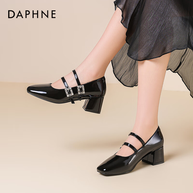 达芙妮玛丽珍女鞋2026春季新款粗跟方头高跟鞋女复古浅口皮鞋单鞋女ZJ 黑色【4.5cm粗跟】 40