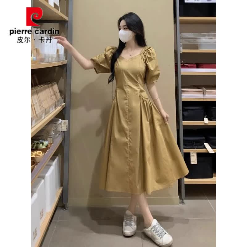 皮尔卡丹(pierre cardin)黑色赫本风收腰连衣裙女夏季大码胖mm遮肉显瘦法式v领长裙子 黑色 2XL (建议140-160斤)