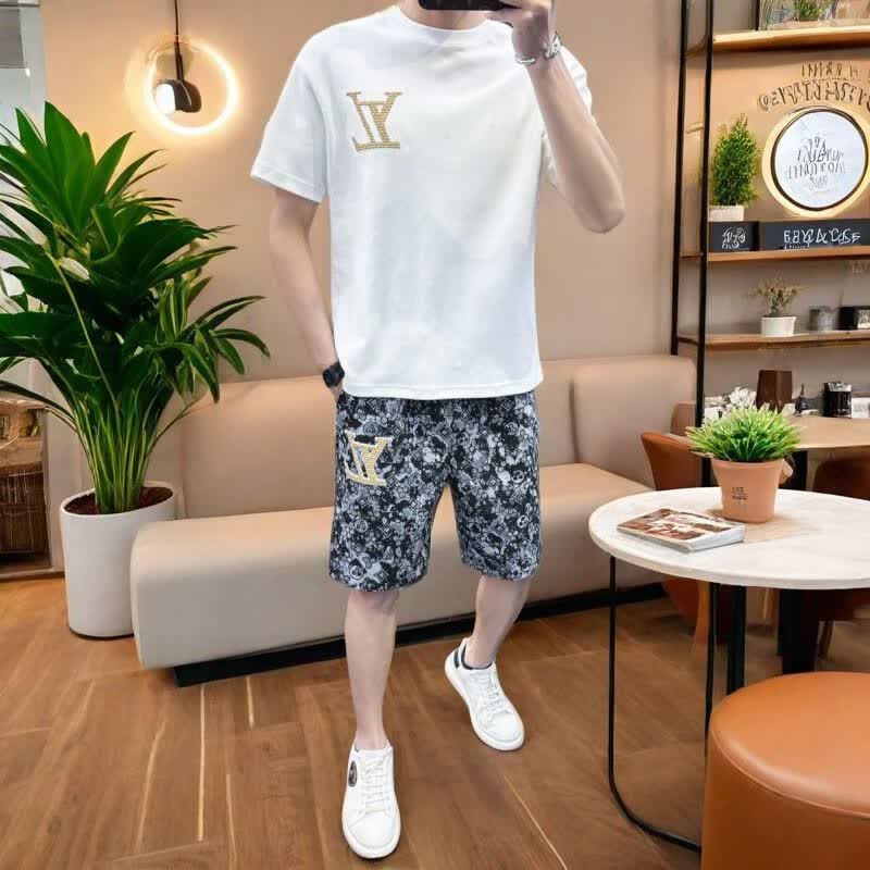 POPANAL香港潮牌2025夏季新款男士高端AB面刺绣字母短袖短裤简约休闲套装 白色(一套) M (100-125斤)