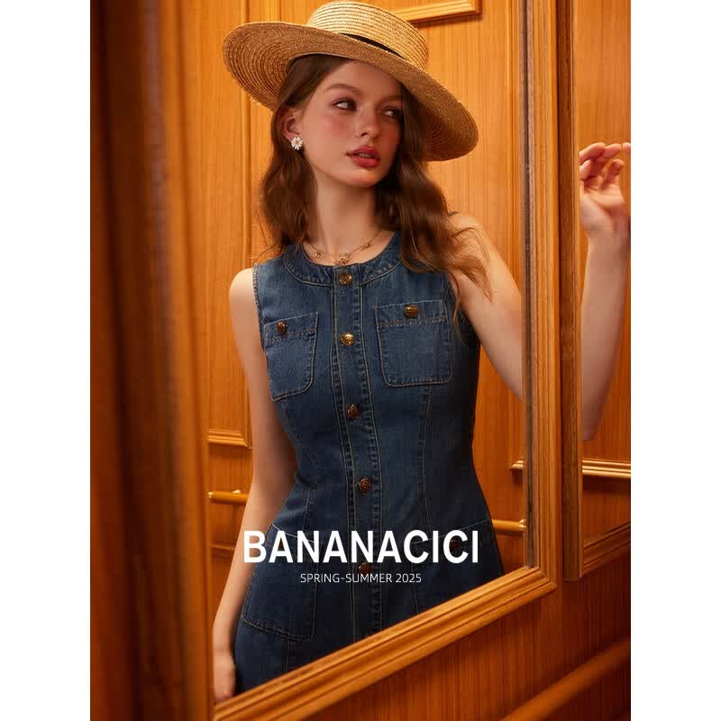 banana cici2025年夏季新款简约水洗牛仔短裙休闲无袖背心连衣裙C252LY568 蓝色 S
