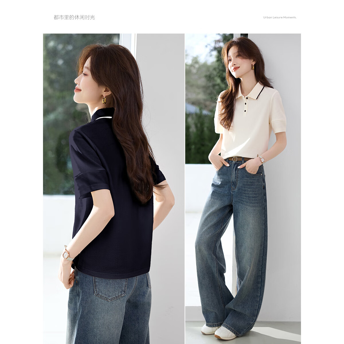 沫晗依美【休闲撞色POLO短袖女衬衫】2025春夏新款休闲显瘦女衬衫 藏青色 M