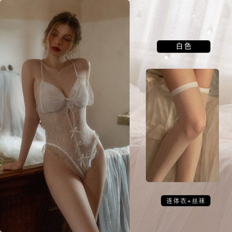 日本性感睡衣女吊帶黑色蝴蝶結小胸顯大蕾絲免脫誘惑連體 白色連體衣送絲襪 M