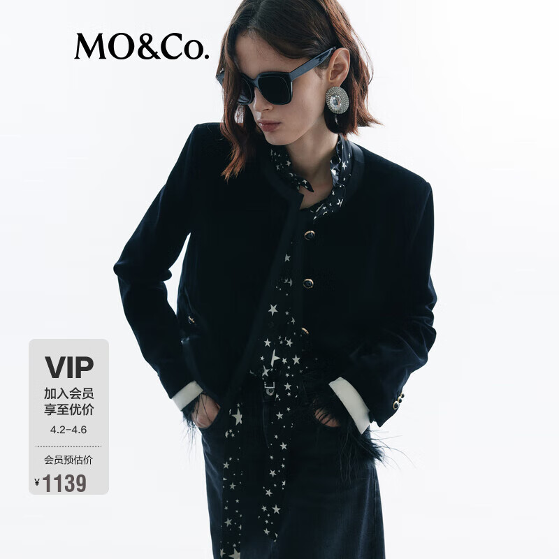 MO&Co.夾克外套輕奢鉆石絨墊肩短款箱型解構(gòu)拼接袖外套小香風摩安珂 黑色 S 160
