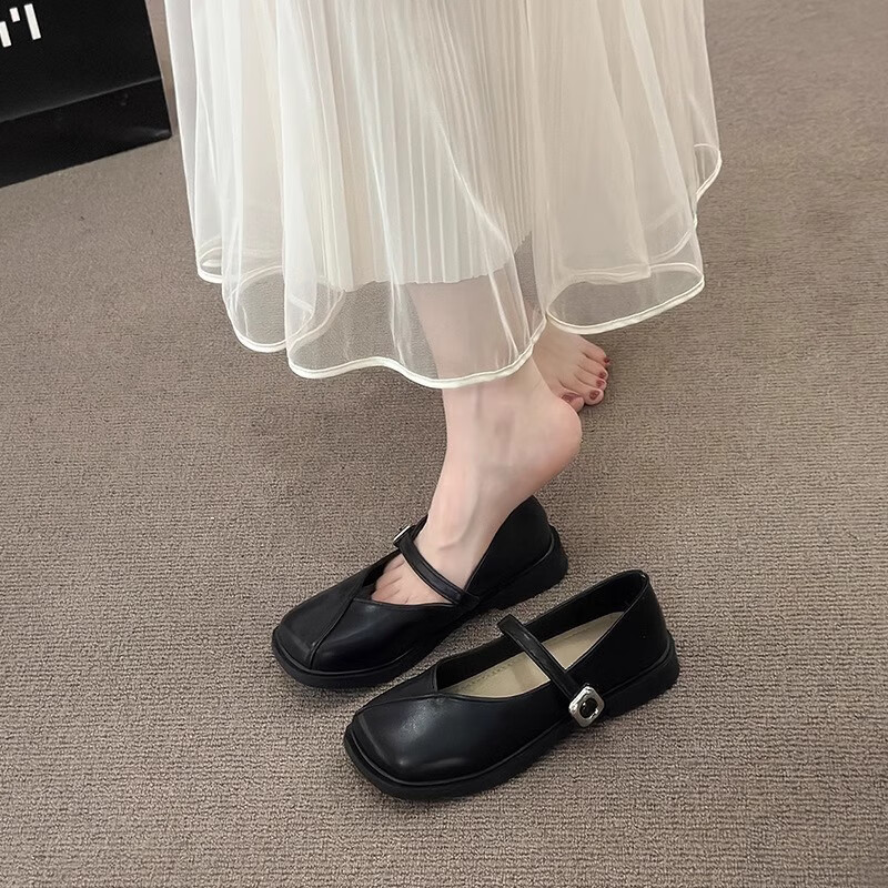 微光里平底单鞋女方头小皮鞋春夏配裙子2025新款女鞋粗跟玛丽珍鞋豆豆鞋 黑色【38码】
