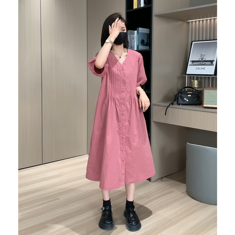 慧奴比韓系茶歇溫柔風(fēng)連衣裙女2025春季新款大碼胖妹妹寬松顯瘦V領(lǐng)長裙 粉色 4XL建議180-200斤 均碼