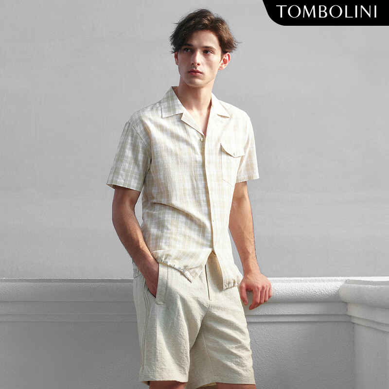 东博利尼春夏新款男士亚麻格子短袖衬衫日系复古衬衣潮 米黄色 40