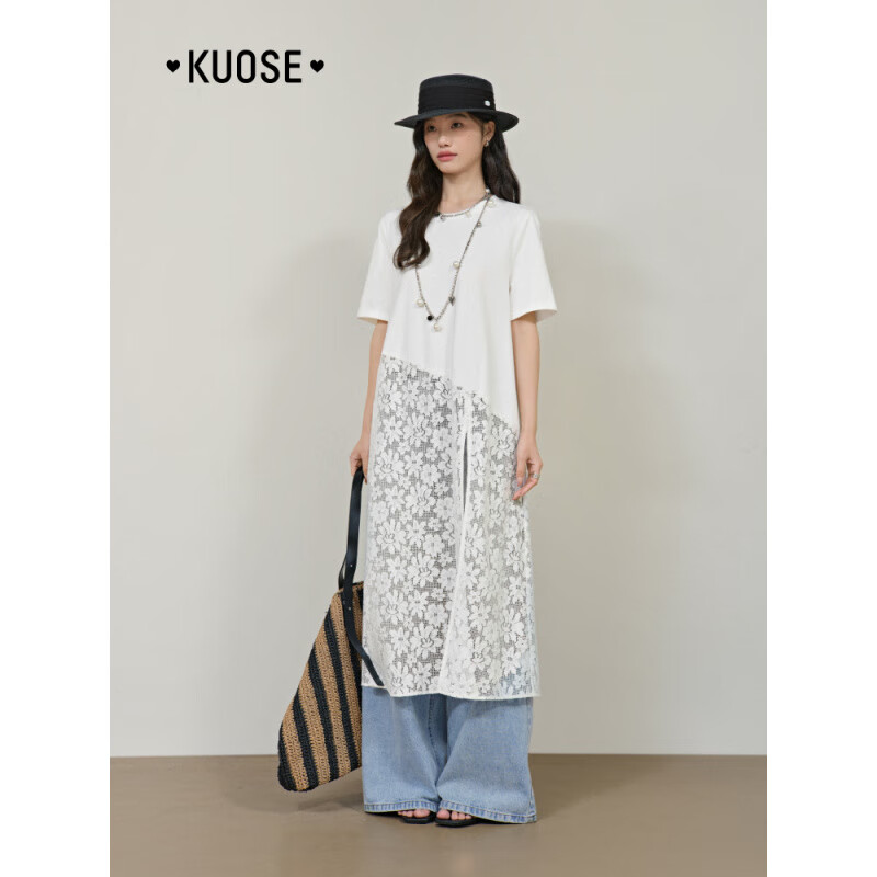 闊色白色鏤空刺繡拼接蕾絲開叉上衣女2025夏季新款不規(guī)則長(zhǎng)款T恤 白色  S