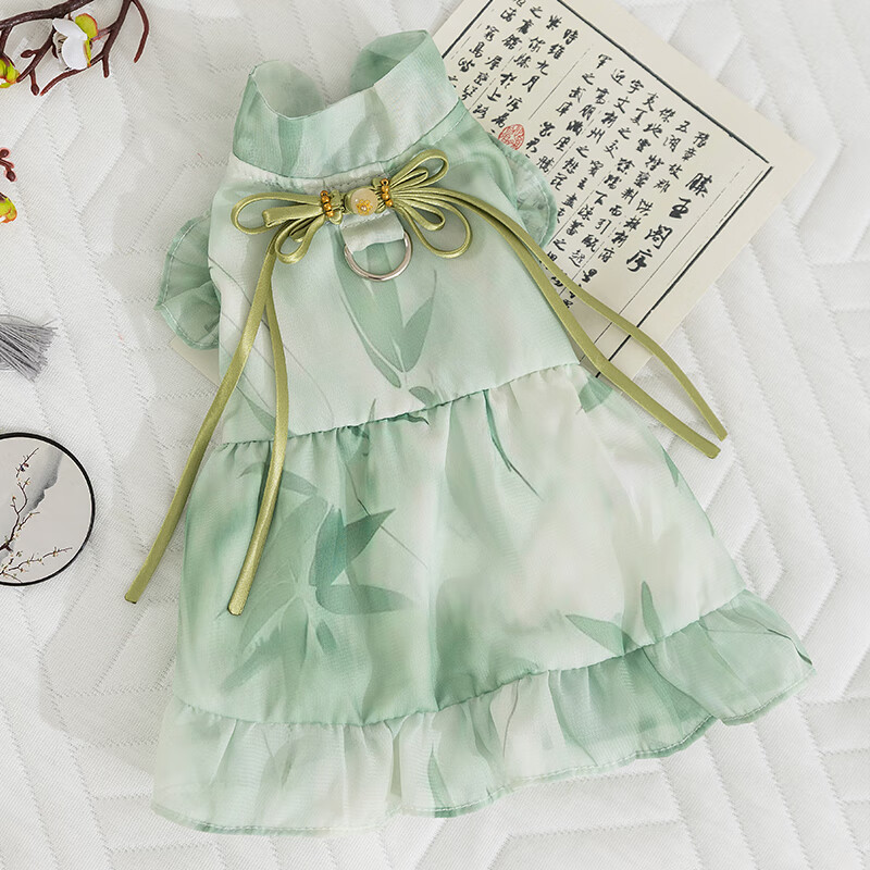 貓米貓咪衣服春夏款國風(fēng)水墨連衣裙布偶藍(lán)貓裙子比熊狗狗服裝寵物衣服 蒂安綠 M （建議體重5-8斤）