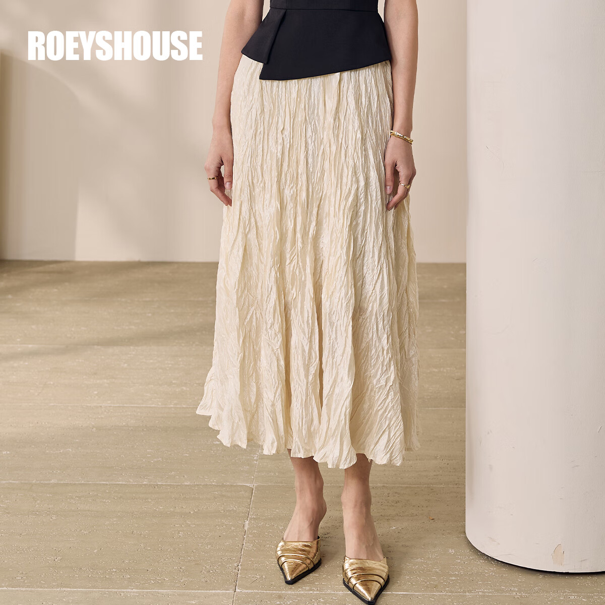 ROEYSHOUSE罗衣百搭肌理感半身裙2025夏季新款时尚褶皱杏色大摆中长裙12246 杏色 2XL