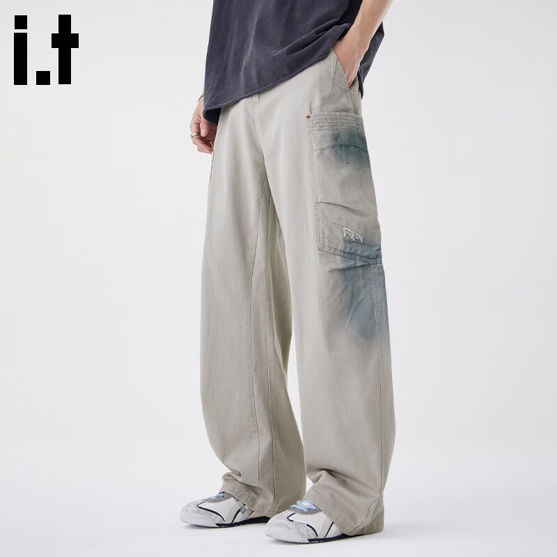 :CHOCOOLATE it弯刀裤男夏季薄款扎染宽松休闲裤显高显瘦百搭美式工装裤 浅灰色 【官方正品】 2XL 【建议160斤-185斤】