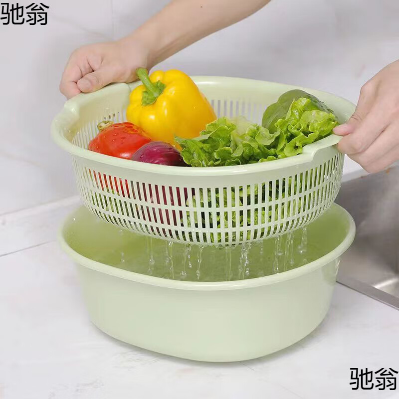 双层洗菜盆沥水篮厨房沥水神器家用多功能塑料圆形漏水篮水果篮子 北欧粉特大号1个【加大加厚】