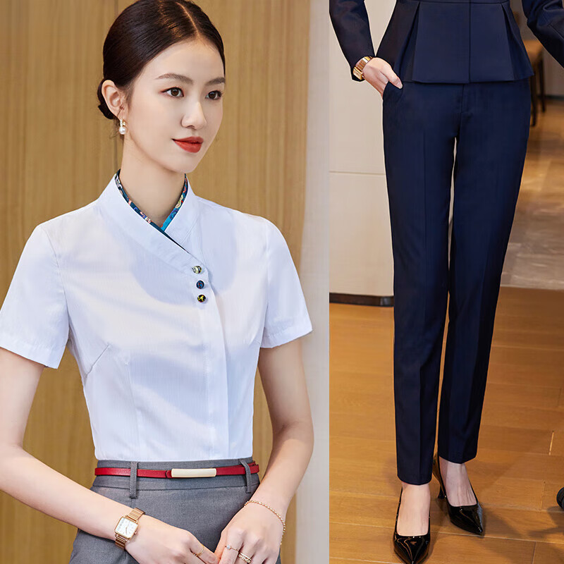 京芽餐飲服務(wù)員工作服夏天襯衣套裝酒店前臺(tái)職業(yè)裝襯衫空姐收銀員工衣 白色【短袖襯衫+藏青色長(zhǎng)褲】 L 【100斤-110斤】
