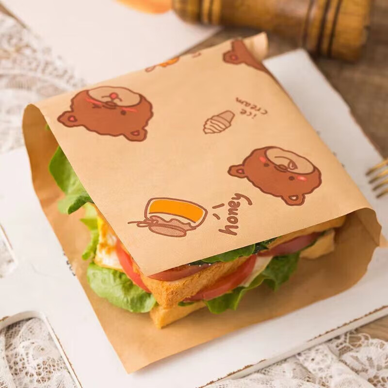 皙也三明治包裝紙家用防油三文治漢堡飯團包裝盒煎手抓餅紙袋子 免折疊【小熊】50張(52%選擇)