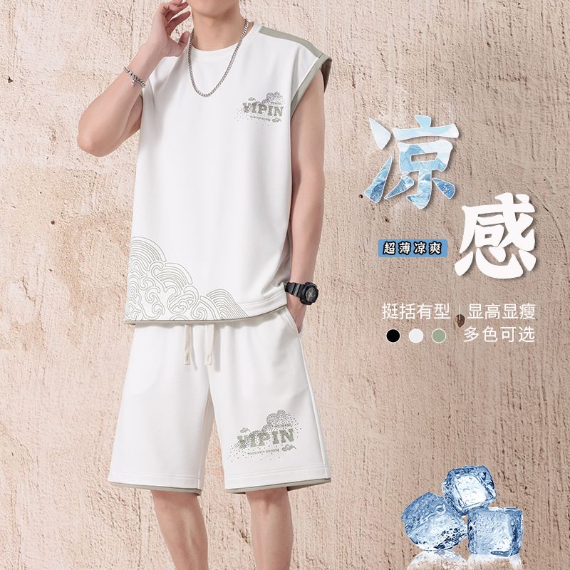 潮天士夏季男士無袖背心運(yùn)動(dòng)套裝短褲短袖t恤男款夏天衣服男裝2件套 白色 M 【100-130斤】
