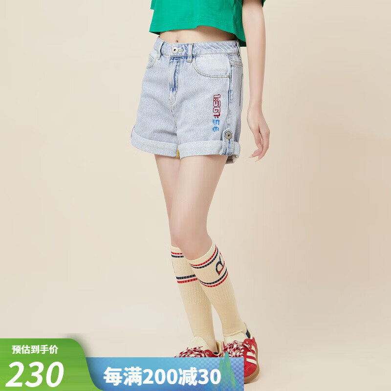 拉拉波波夏新款卷邊純棉直筒寬松顯瘦高腰休閑牛仔短褲女 LBCB-WXZD17 中藍(lán)白 25