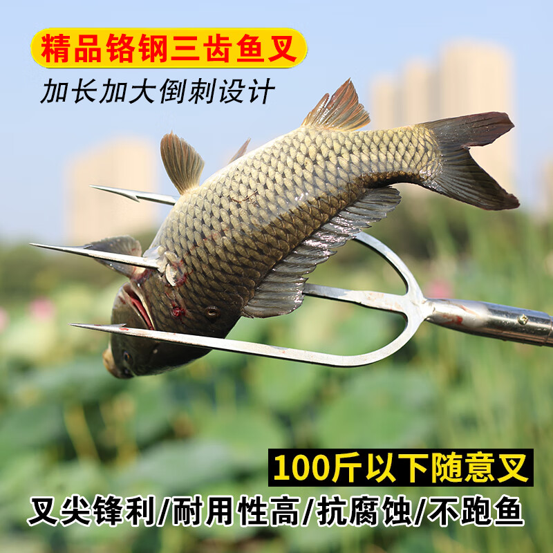 允染（YUNRAN）魚(yú)叉錳鋼硬加長(zhǎng)倒刺鉻鋼魚(yú)叉頭加厚可伸縮不銹鋼柄多功能不跑魚(yú) 三齒魚(yú)叉(螺紋扣)