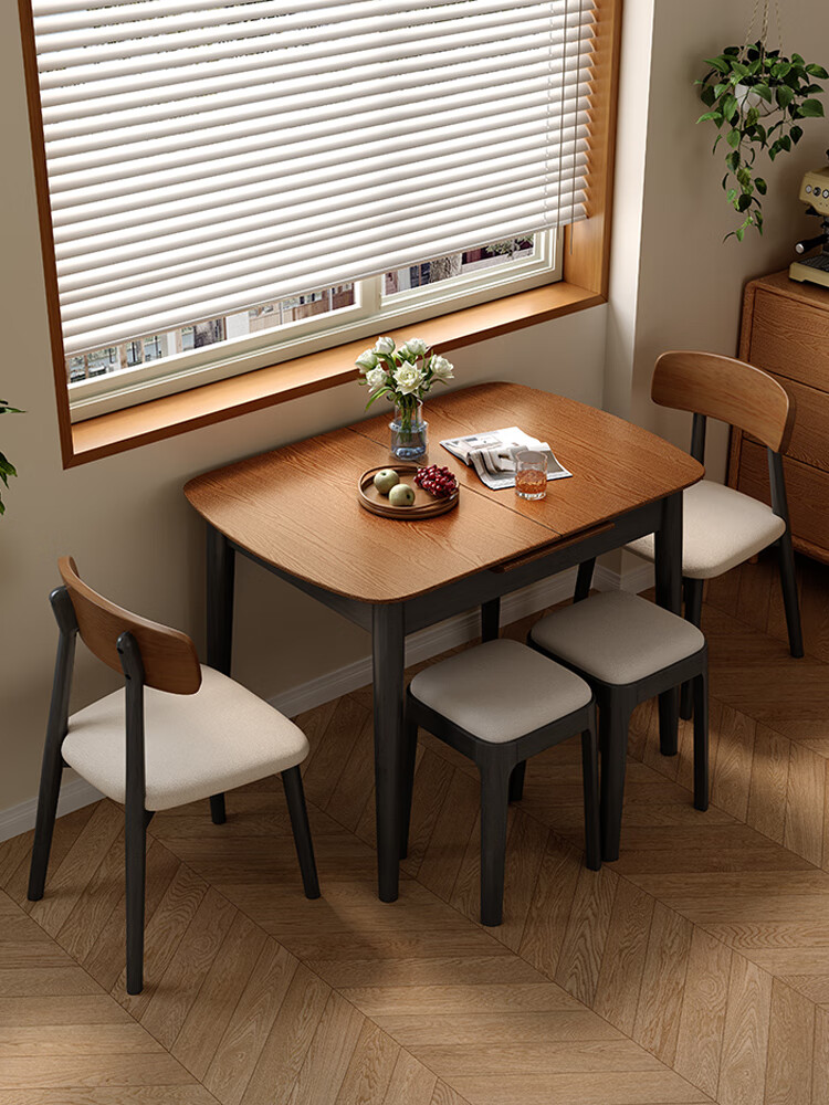 華日復古風(fēng)實(shí)木餐桌小戶(hù)型家用可伸縮折疊飯桌2025新款白蠟木紋餐桌椅 [升級導軌]1.2米可伸縮餐桌