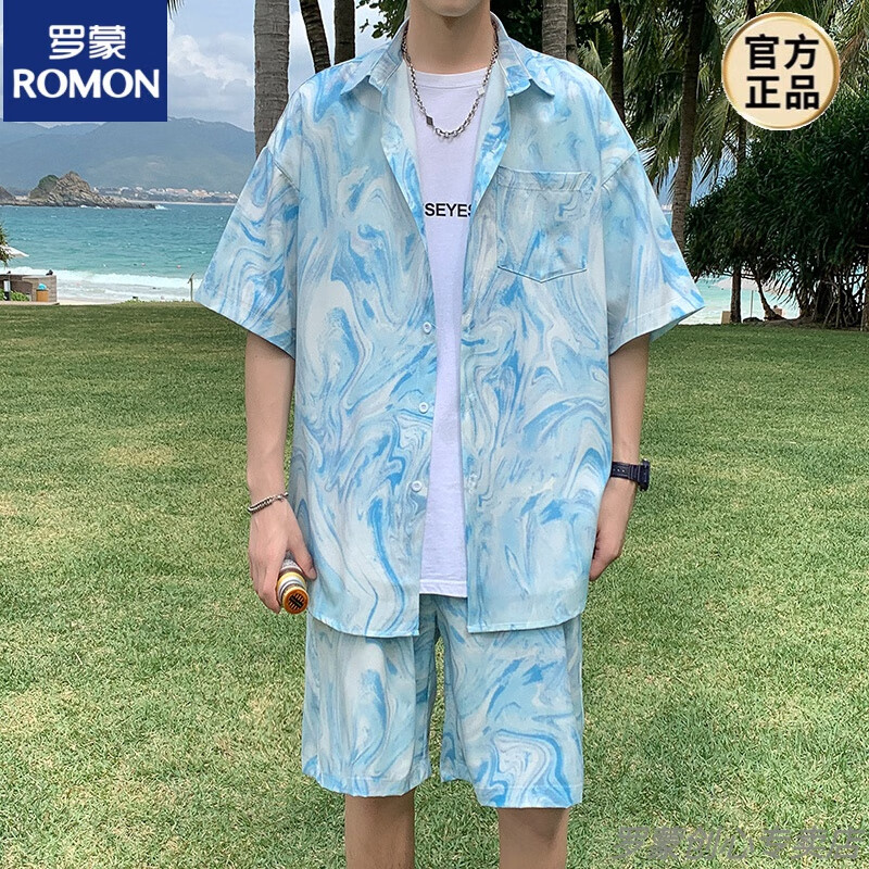 羅蒙沙灘短袖花襯衫男速干冰絲海邊度假大碼套裝三亞風(fēng)穿搭夏威夷襯衣 TZ089沙灘套裝藍(lán)色 L 105-125斤