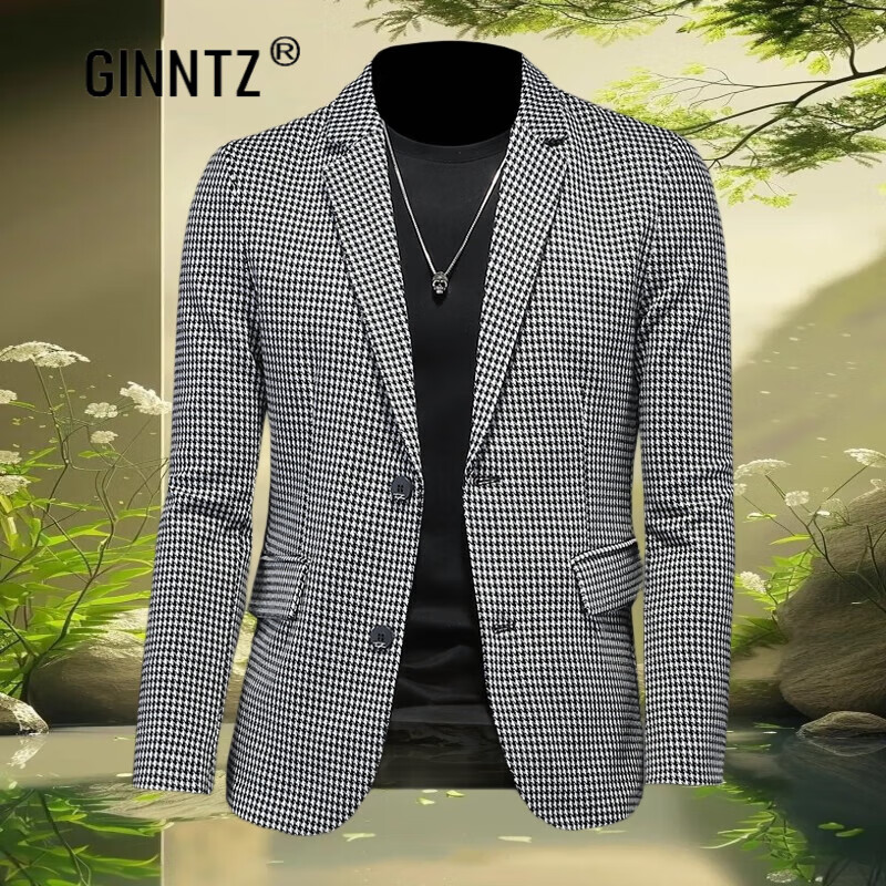 Ginntz香港輕奢潮牌春秋新款千鳥格西服男修身上衣外套潮流商務休閑西裝 白色 M 110斤-125斤