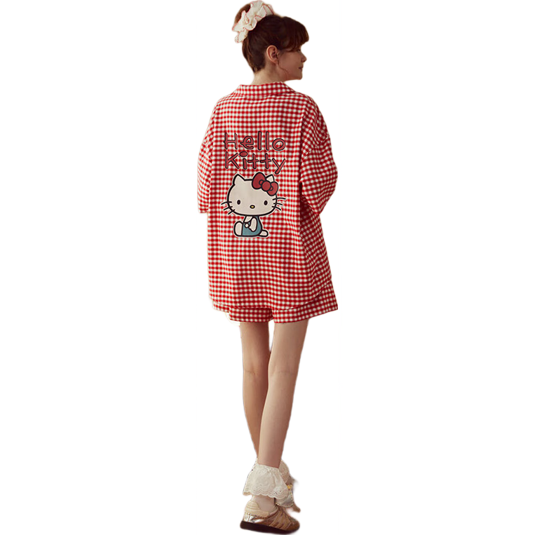 果殼（Gukoo）睡衣夏季HelloKitty新款大卡通格子純棉女士家居服套裝 洋紅 L
