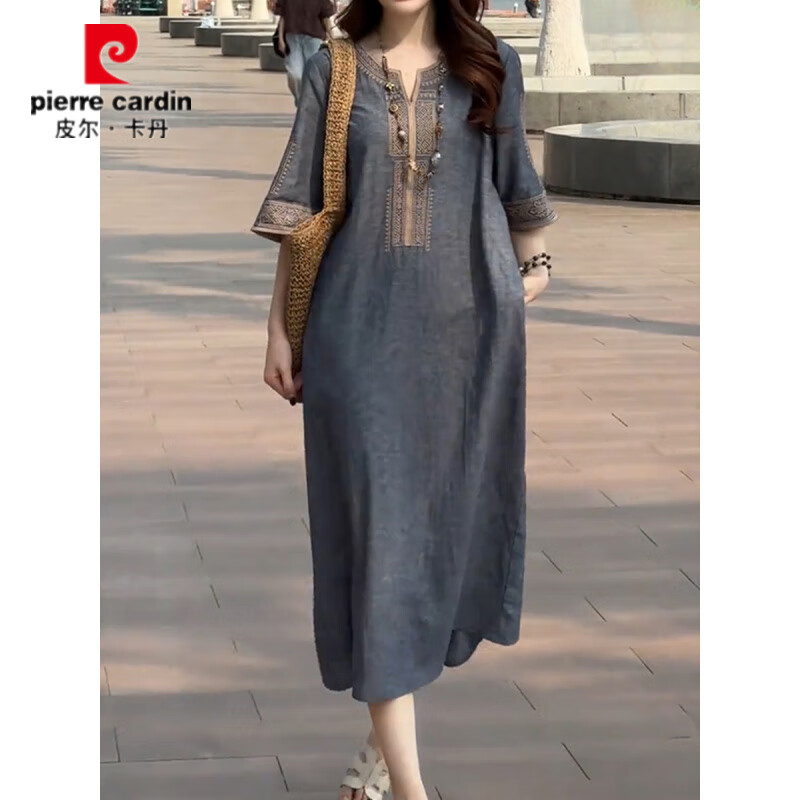 皮尔卡丹(pierre cardin)复古轻奢气质重工刺绣连衣裙女2026夏季新款大码宽松显瘦百搭裙子 牛仔蓝【高品质】 XL 【121-140斤】