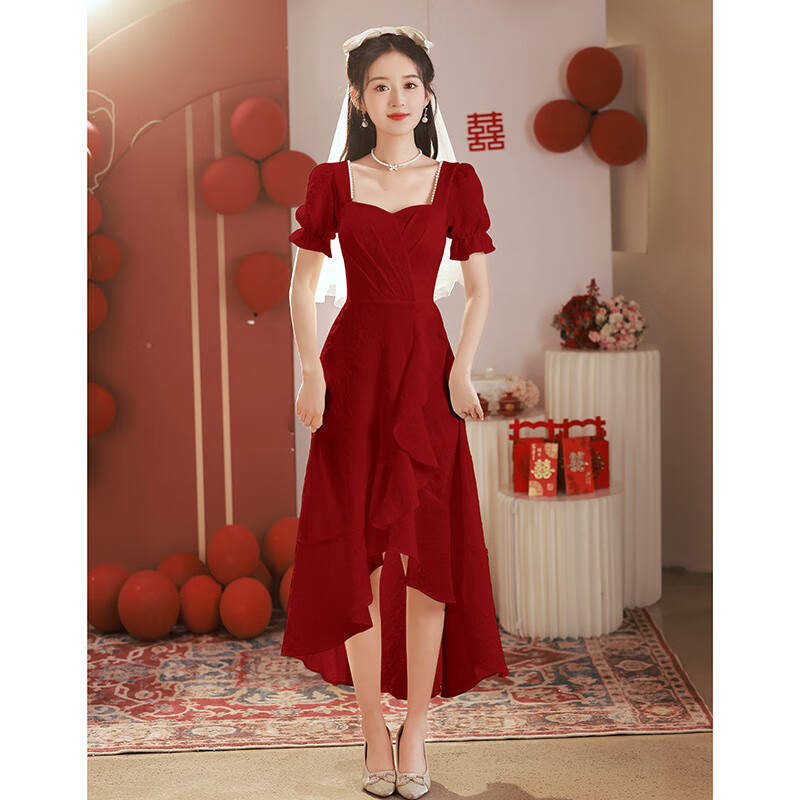 希蘇隆敬酒服新娘2025新款領(lǐng)證結(jié)婚小晚禮服裙女訂婚回門宴氣質(zhì)平時可穿 酒紅色中長款 L