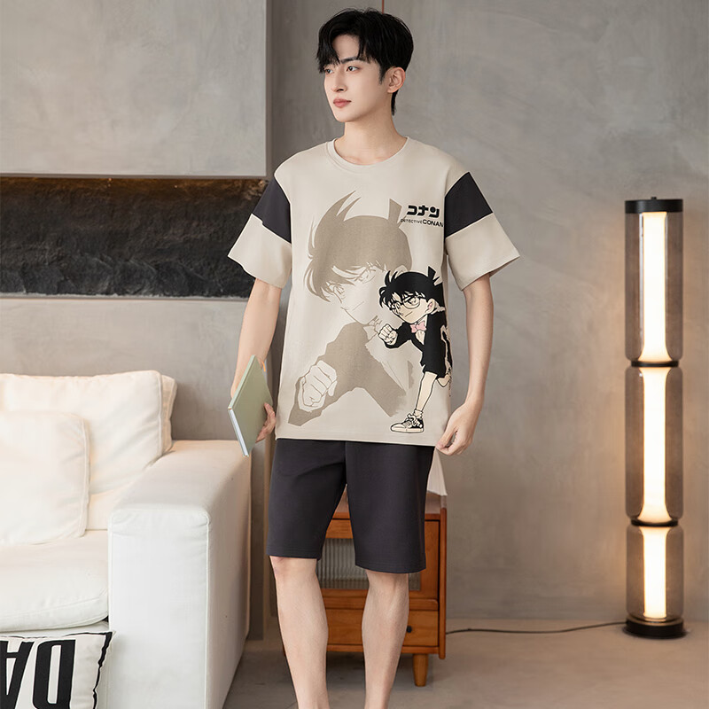 萧淑妃夏季卡通柯南纯棉男士睡衣可外穿青少年学生短袖短裤家居服套装 少年柯南 5XL