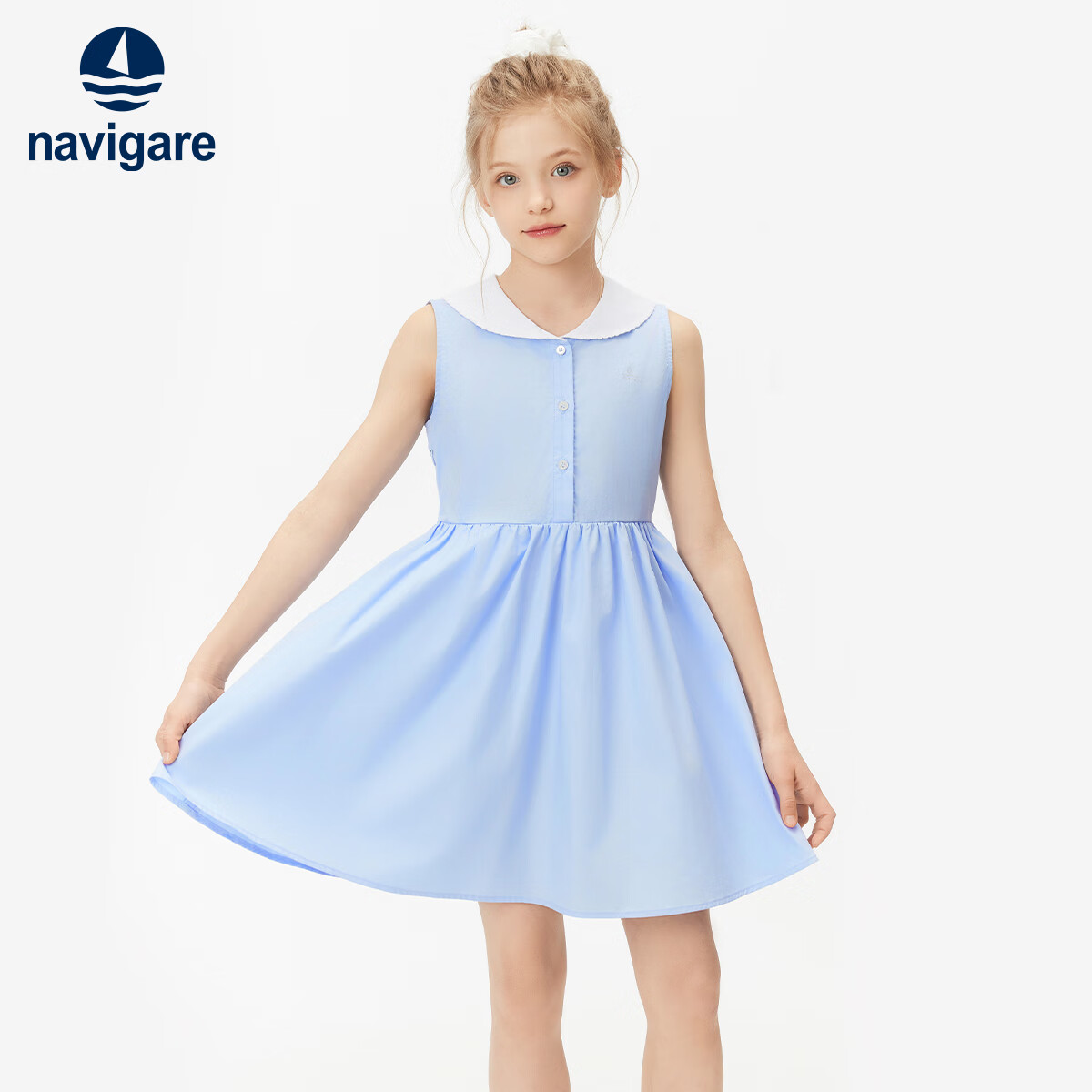NAVIGARE意大利小帆船儿童连衣裙夏季纯棉裙子女童背心裙简约无袖连衣裙 【纯棉】浅蓝 150