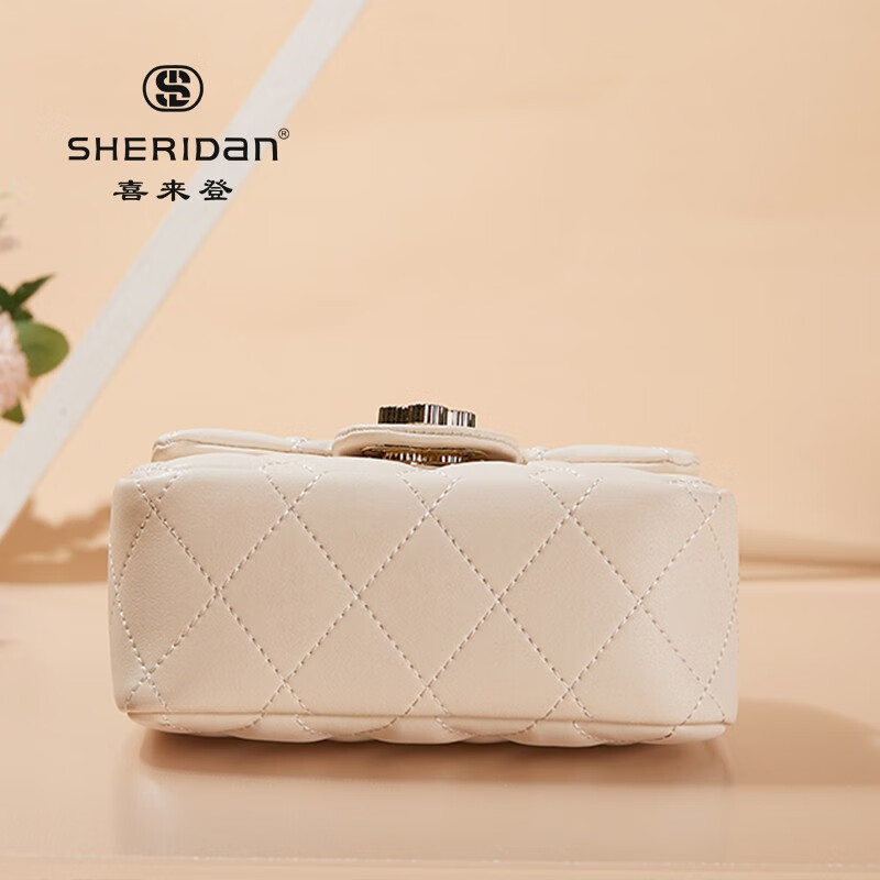 Sheridan喜来登 新款 牛皮小香风菱格链条包 时尚百搭单肩斜挎小包 米白色